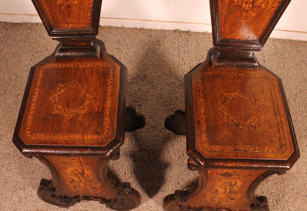 Pair Of Italian Chairs Called Escabellis In Walnut And Marquetry—19th Century-photo-8