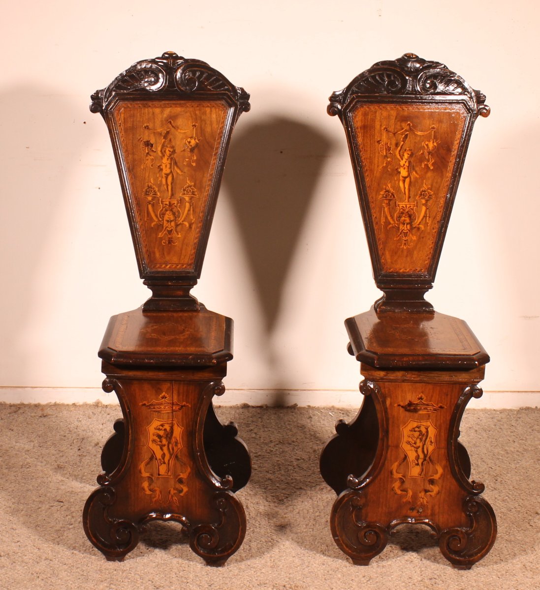 Pair Of Italian Chairs Called Escabellis In Walnut And Marquetry—19th Century