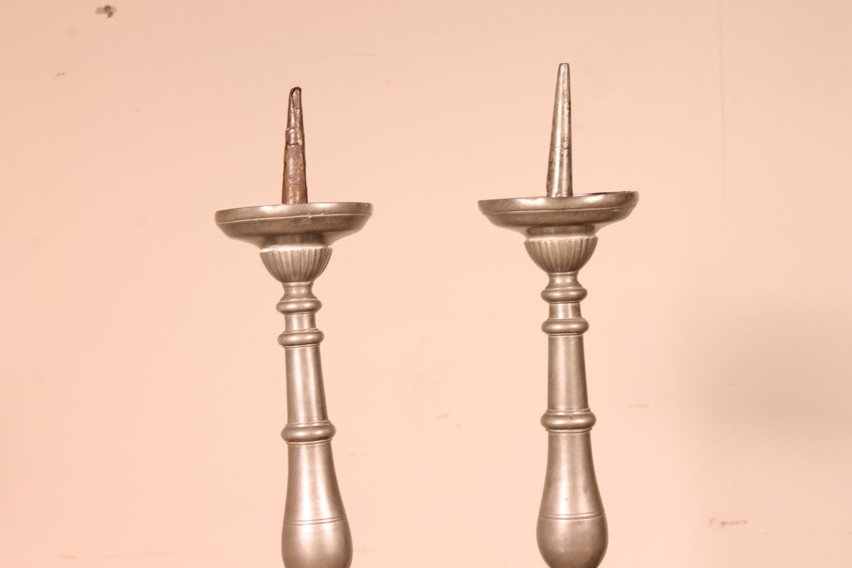 Pair Of Louis XIV Flambeau In Pewter 18siècle-photo-3