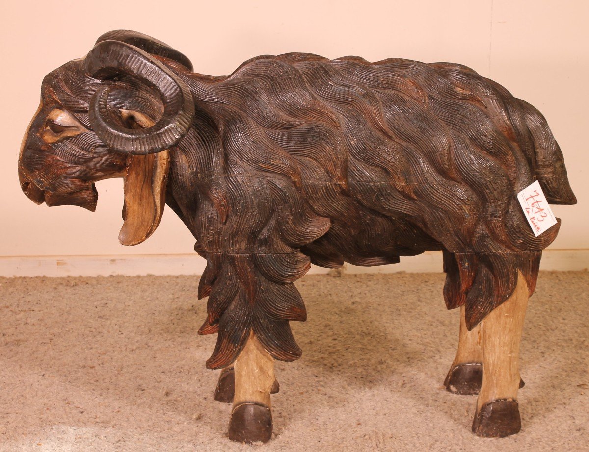 Scottish Ram In Polychrome Wood-19 Century-photo-2