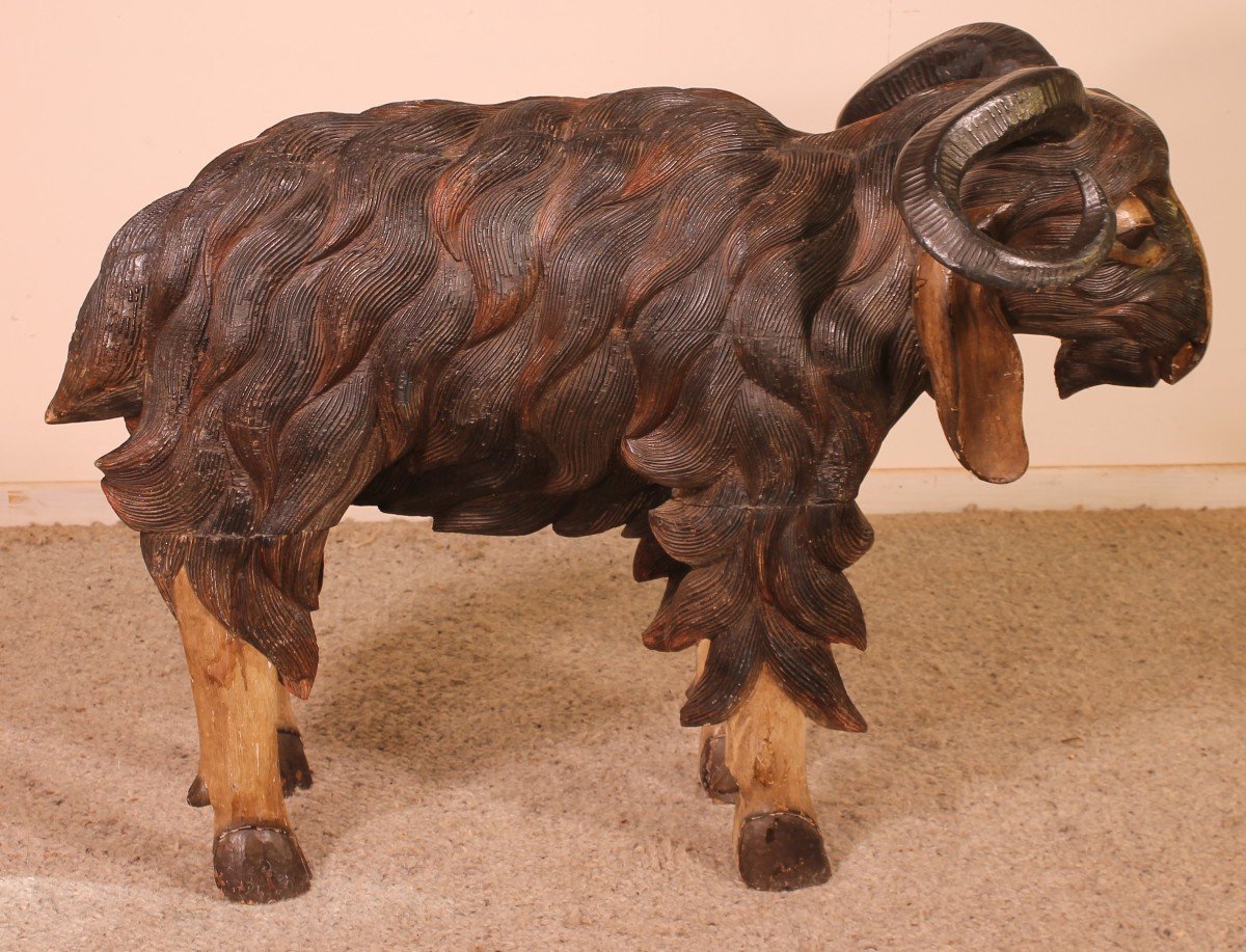 Scottish Ram In Polychrome Wood-19 Century-photo-5