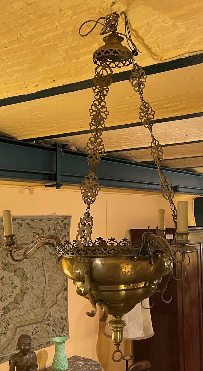Lampe De Suspension Renaissance Espagnol-17° Siècle Avec éclairage Indirecte-photo-7