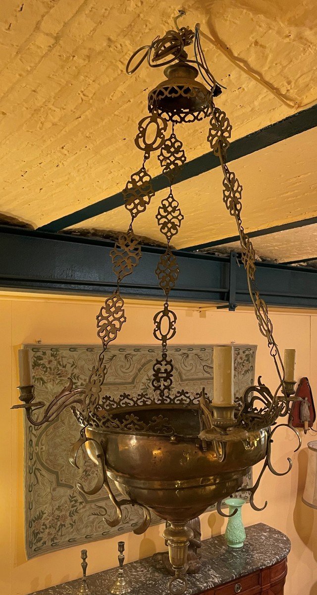 Lampe De Suspension Renaissance Espagnol-17° Siècle Avec éclairage Indirecte-photo-8