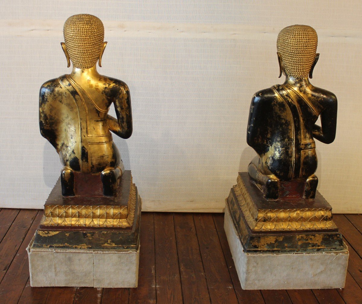 Large Pair Of Monk In Bronze-18 ° Century-ayuttheya Period-photo-1