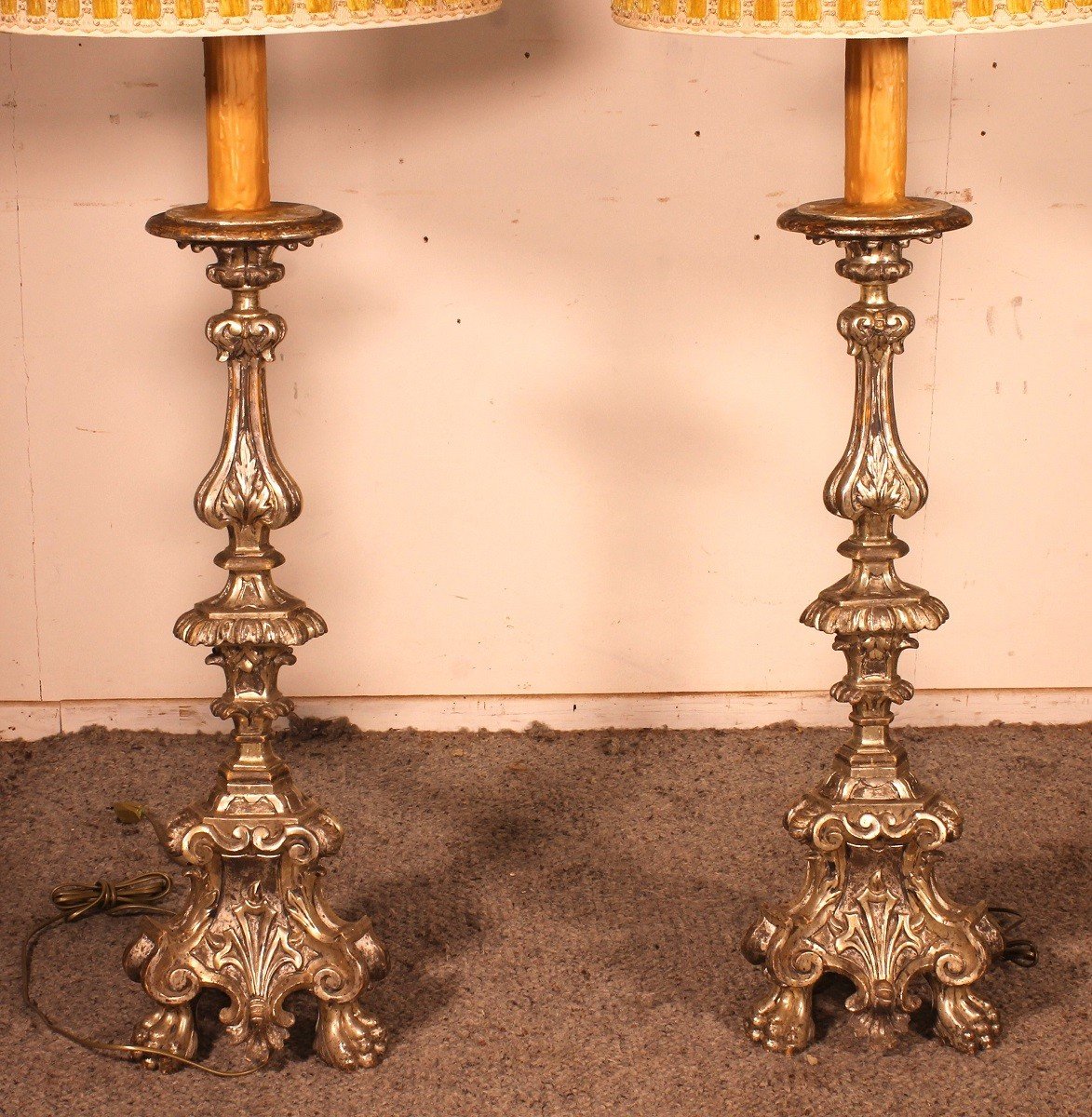 Pair Of Italian Torcheres In Silver Wood Early 19th Century-photo-2