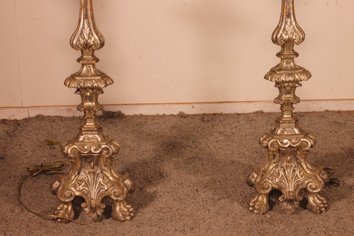 Pair Of Italian Torcheres In Silver Wood Early 19th Century-photo-4