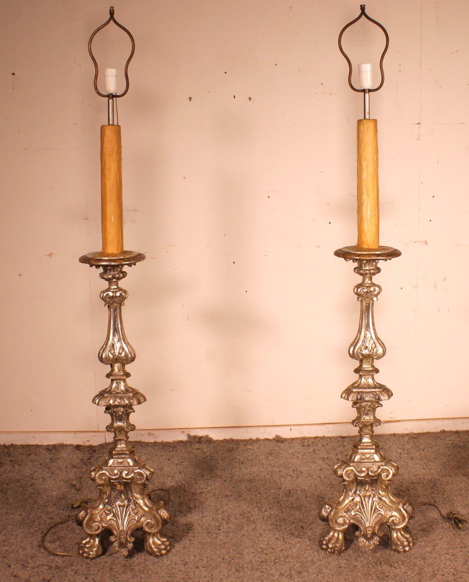 Pair Of Italian Torcheres In Silver Wood Early 19th Century-photo-4