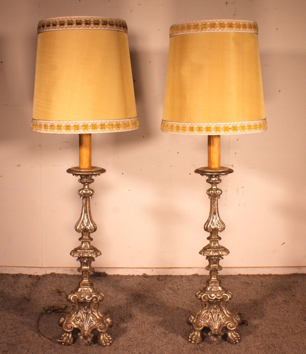 Pair Of Italian Torcheres In Silver Wood Early 19th Century