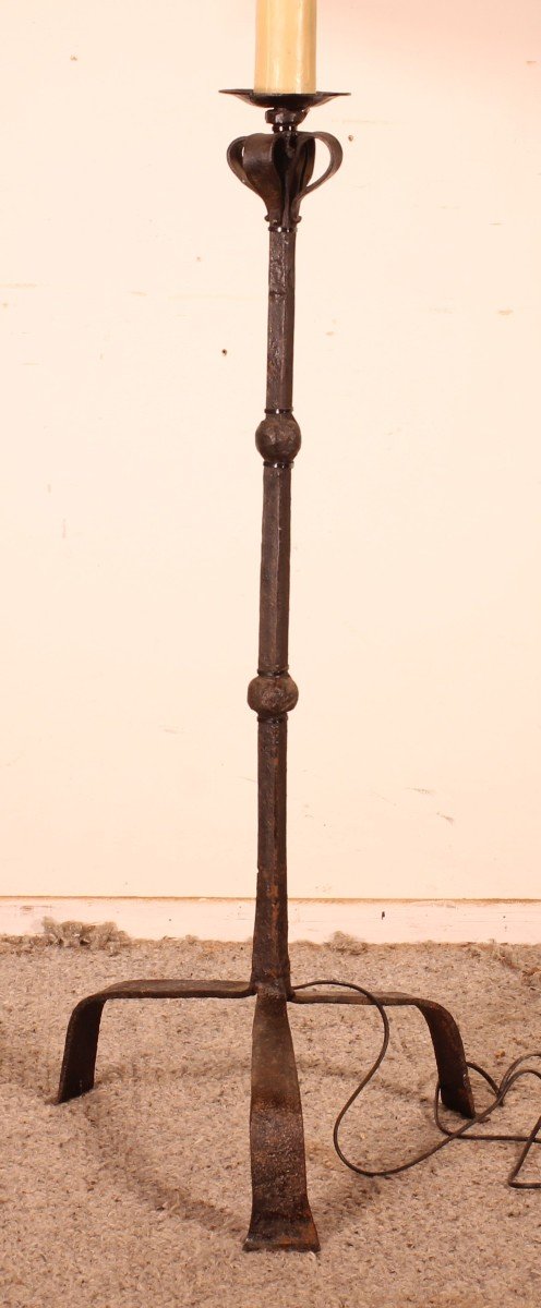 Torchiere Or Floor Lamp In Wrought Iron With A Lampshade In Goatskin-photo-2