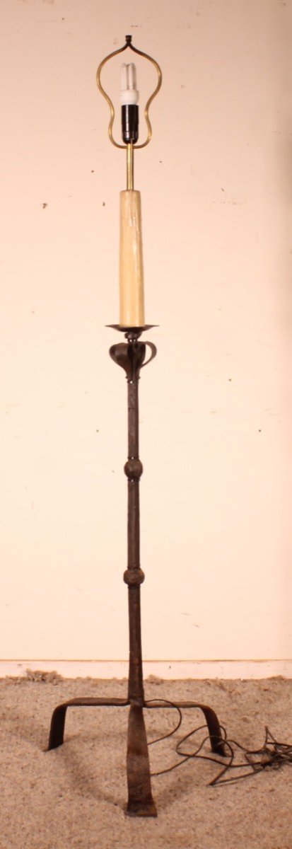 Torchiere Or Floor Lamp In Wrought Iron With A Lampshade In Goatskin-photo-2