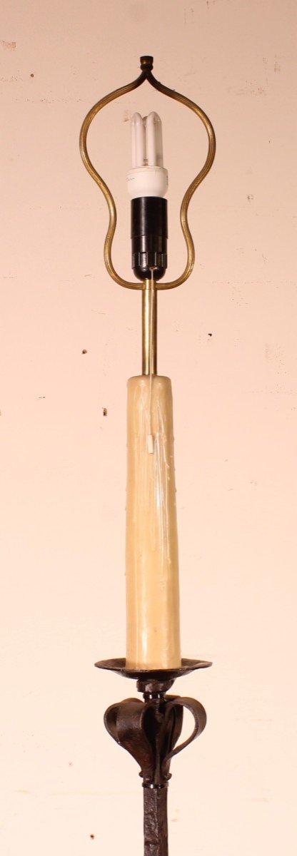 Torchiere Or Floor Lamp In Wrought Iron With A Lampshade In Goatskin-photo-3