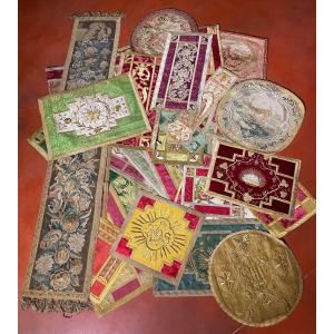 Lot Of Table Runners Made From Old Fabrics And Tapestries From The 17-19 Century