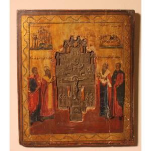 Russian Icon With Processional Cross 19th Century