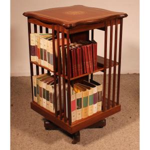 Revolving Bookcase In Mahogany And Inlays - 19th Century