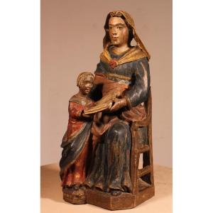 Saint Anne And The Virgin Mary In Polychrome Wood - 18th Century