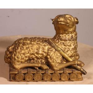 Mystic Lamb On The Book With Seven Seals In Gilded Wood - 18th Century