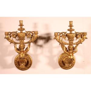 Pair Of Gilded Wood Wall Lights - Italy - 19th Century