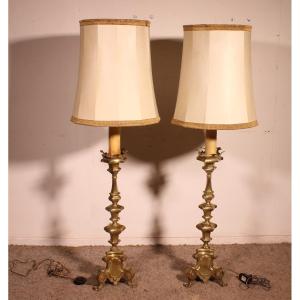 Pair Of Electrified Bronze Candlesticks - Italy - 17th Century