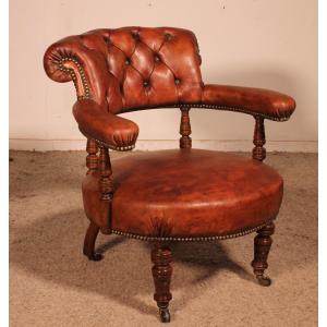 petite bergère ou Fauteuil  En Acajou Et Cuir cognac anglais - 19° siècle