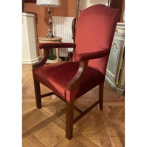 Mahogany Office Chair Or Library Chair Upholstered In Red Velvet