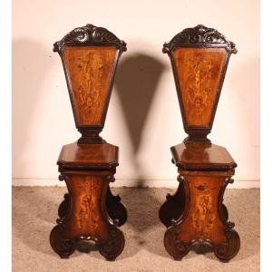 Pair Of Italian Chairs Called Escabellis In Walnut And Marquetry—19th Century