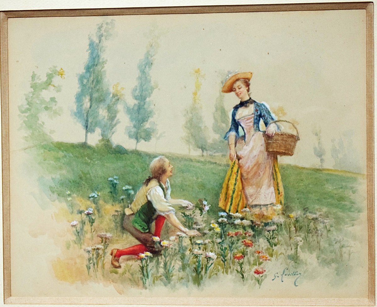 Gallant Scene By Gustave François Lasellaz Watercolor XIXth-photo-2