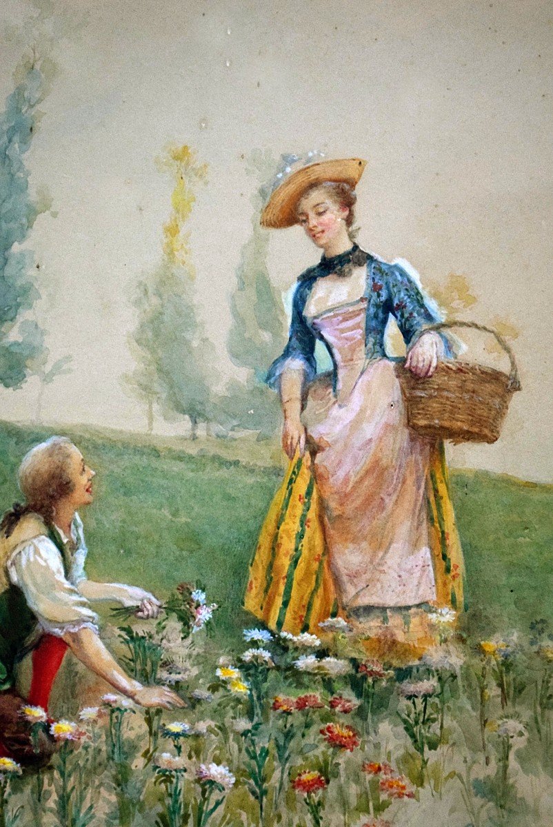 Gallant Scene By Gustave François Lasellaz Watercolor XIXth-photo-4