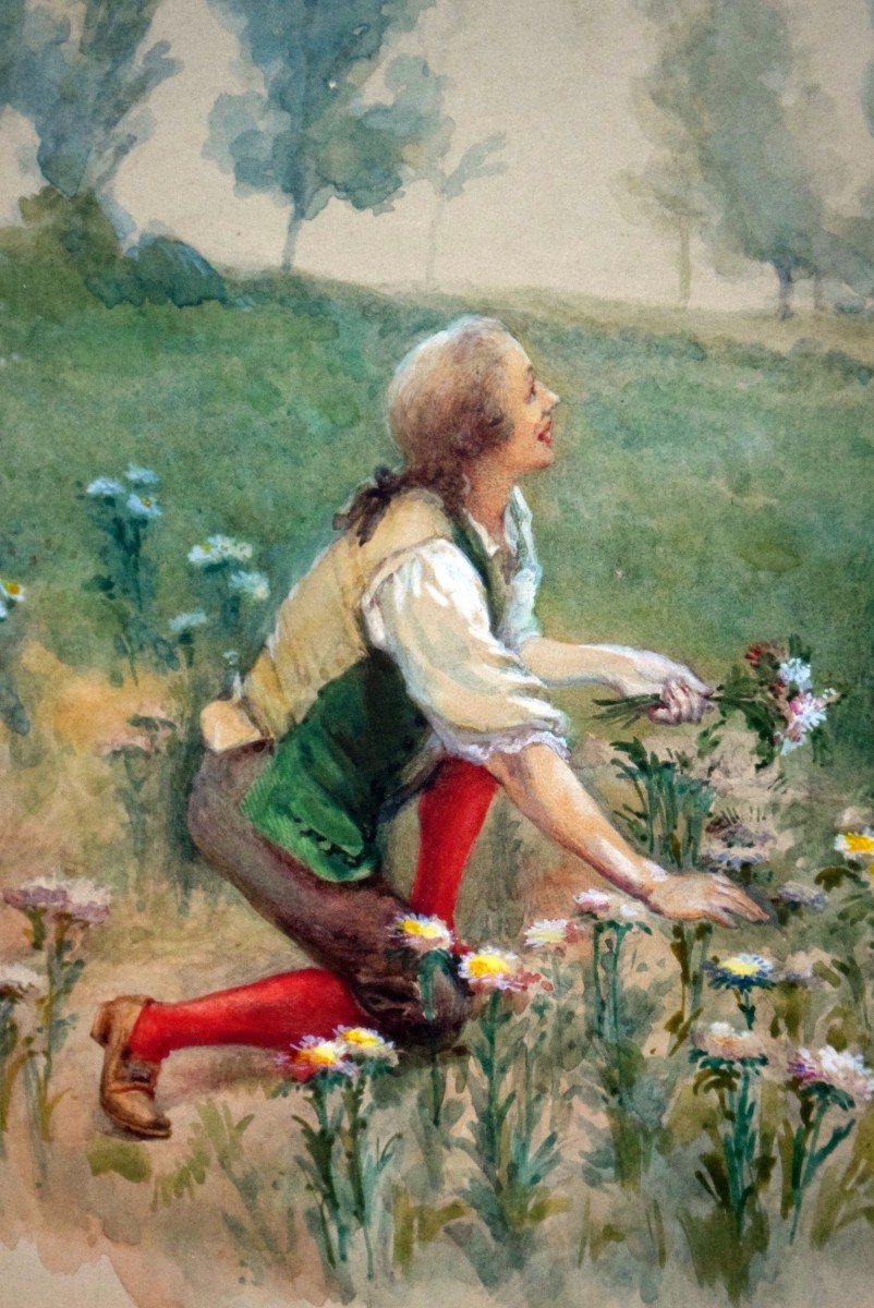 Gallant Scene By Gustave François Lasellaz Watercolor XIXth-photo-1