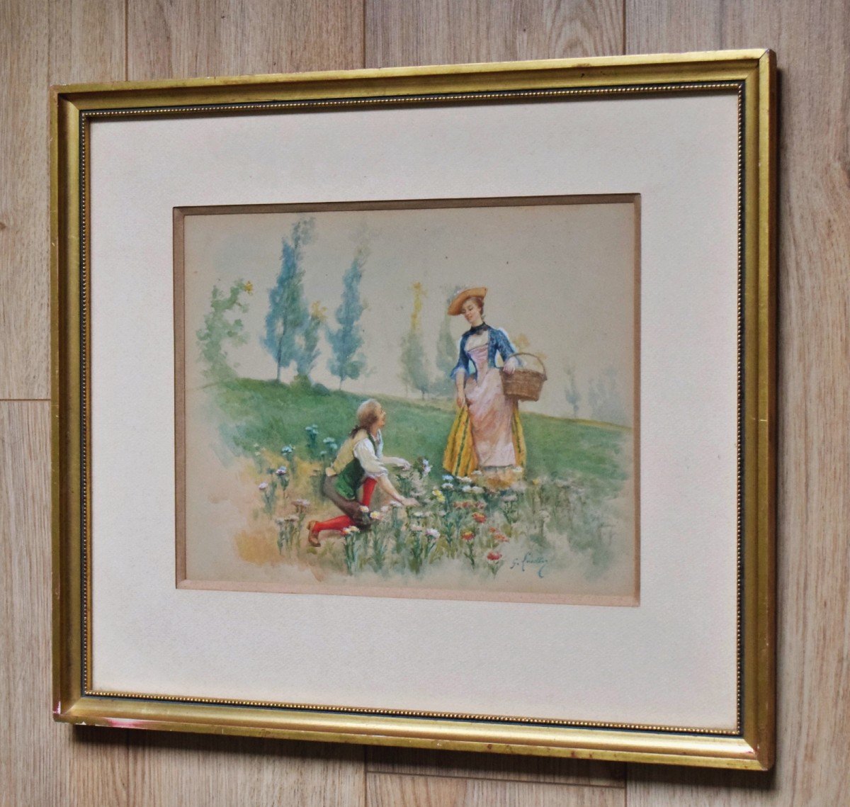 Scène galante par Gustave François Lasellaz Aquarelle XIXème-photo-4