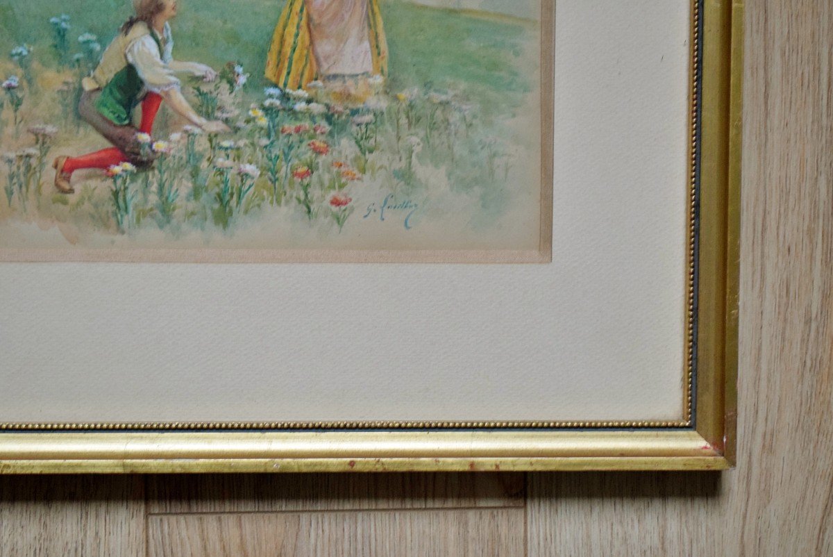 Gallant Scene By Gustave François Lasellaz Watercolor XIXth-photo-5