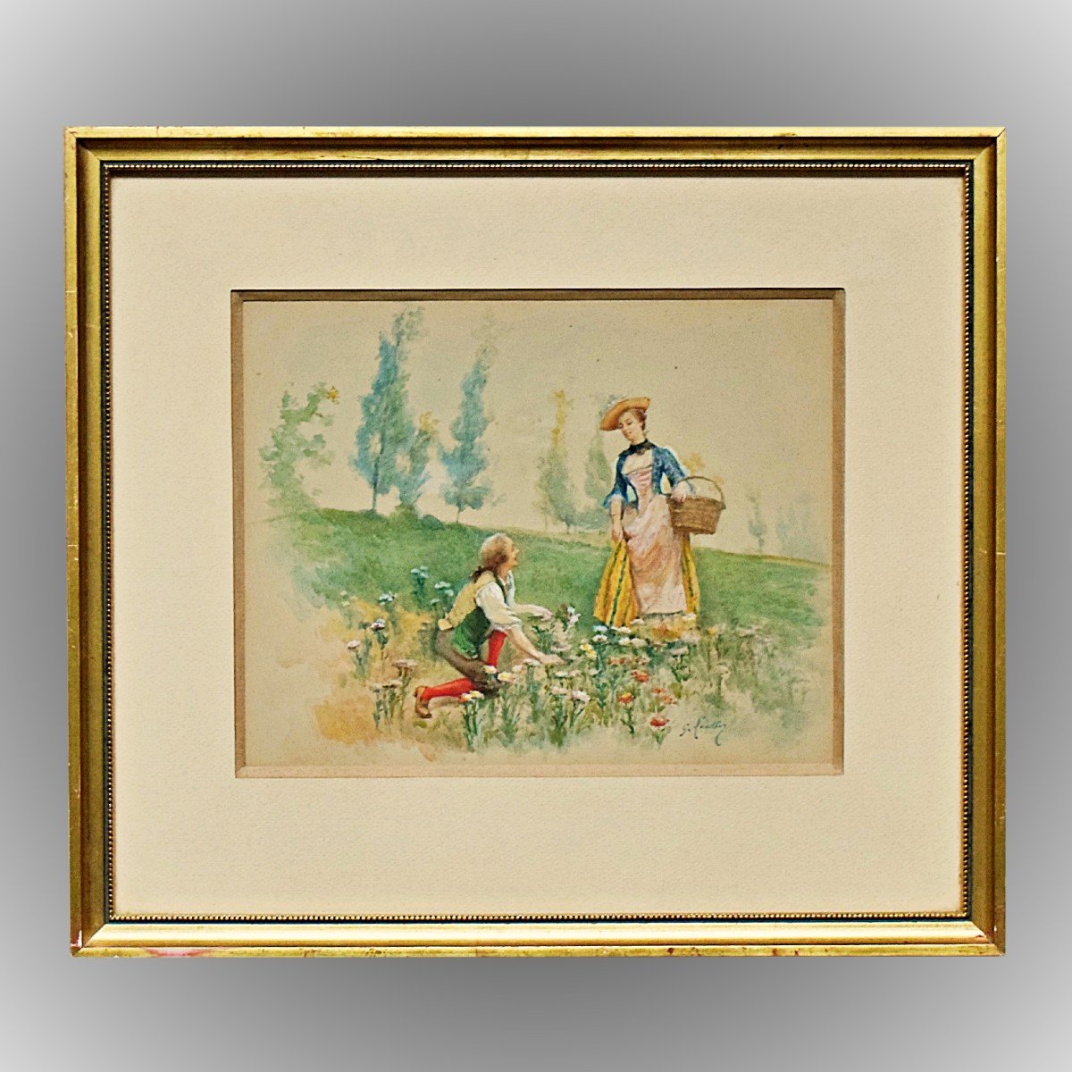 Gallant Scene By Gustave François Lasellaz Watercolor XIXth