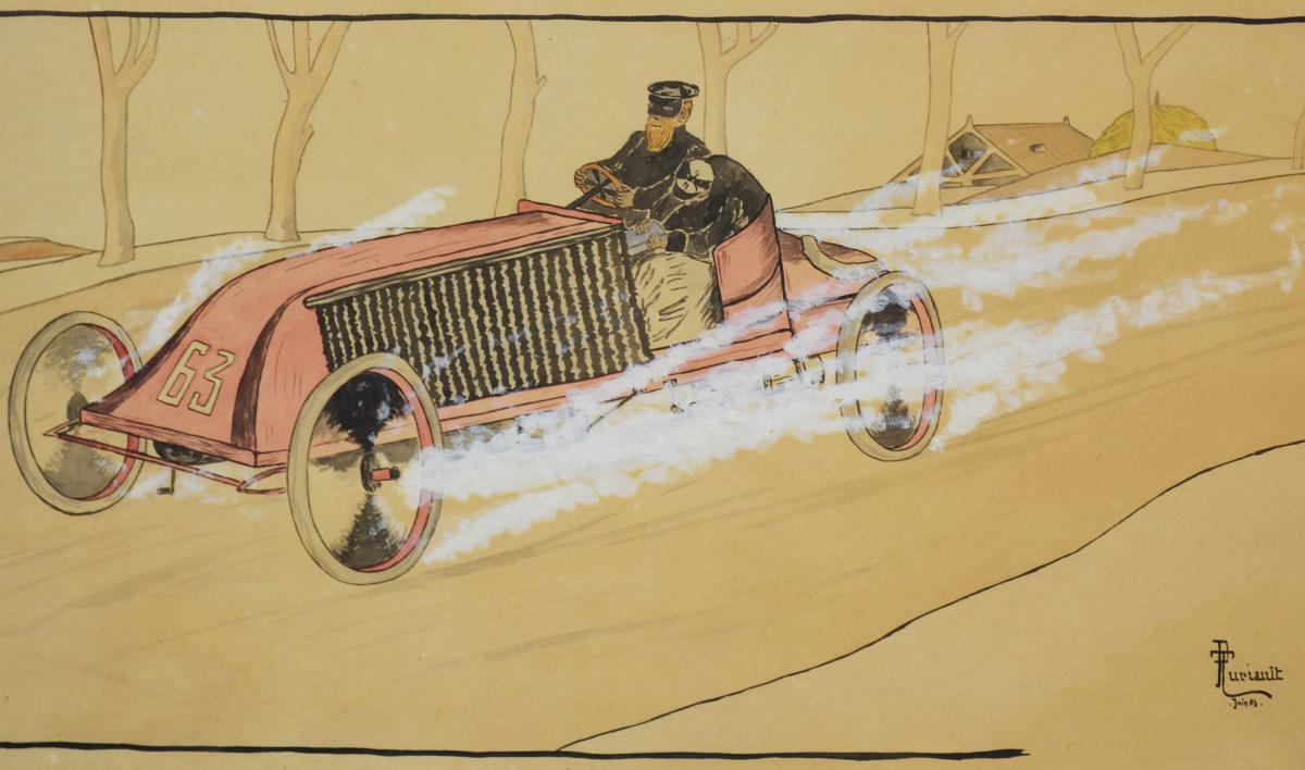 Lithography Gouache R.turiault "renault Race Paris-madrid" In 1903-photo-4