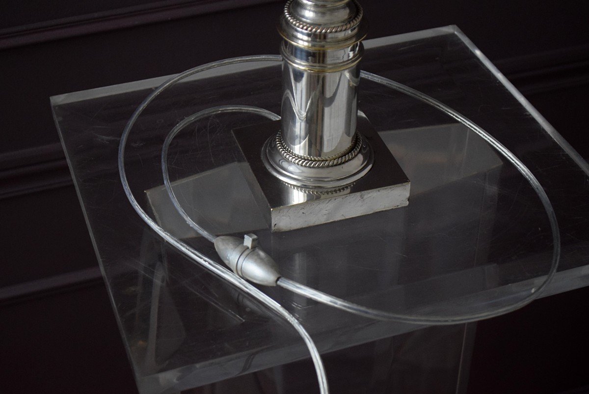 Lampe en métal argenté à fût colonne -photo-2