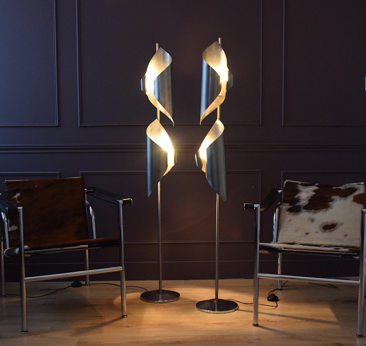 Pair Of 70s Vintage Chrome Steel Floor Lamps-photo-2