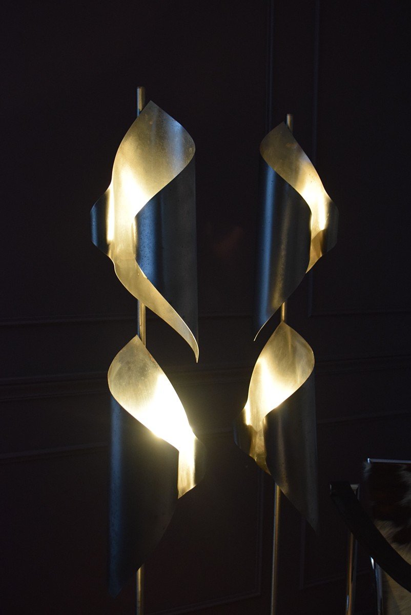 Pair Of 70s Vintage Chrome Steel Floor Lamps-photo-4