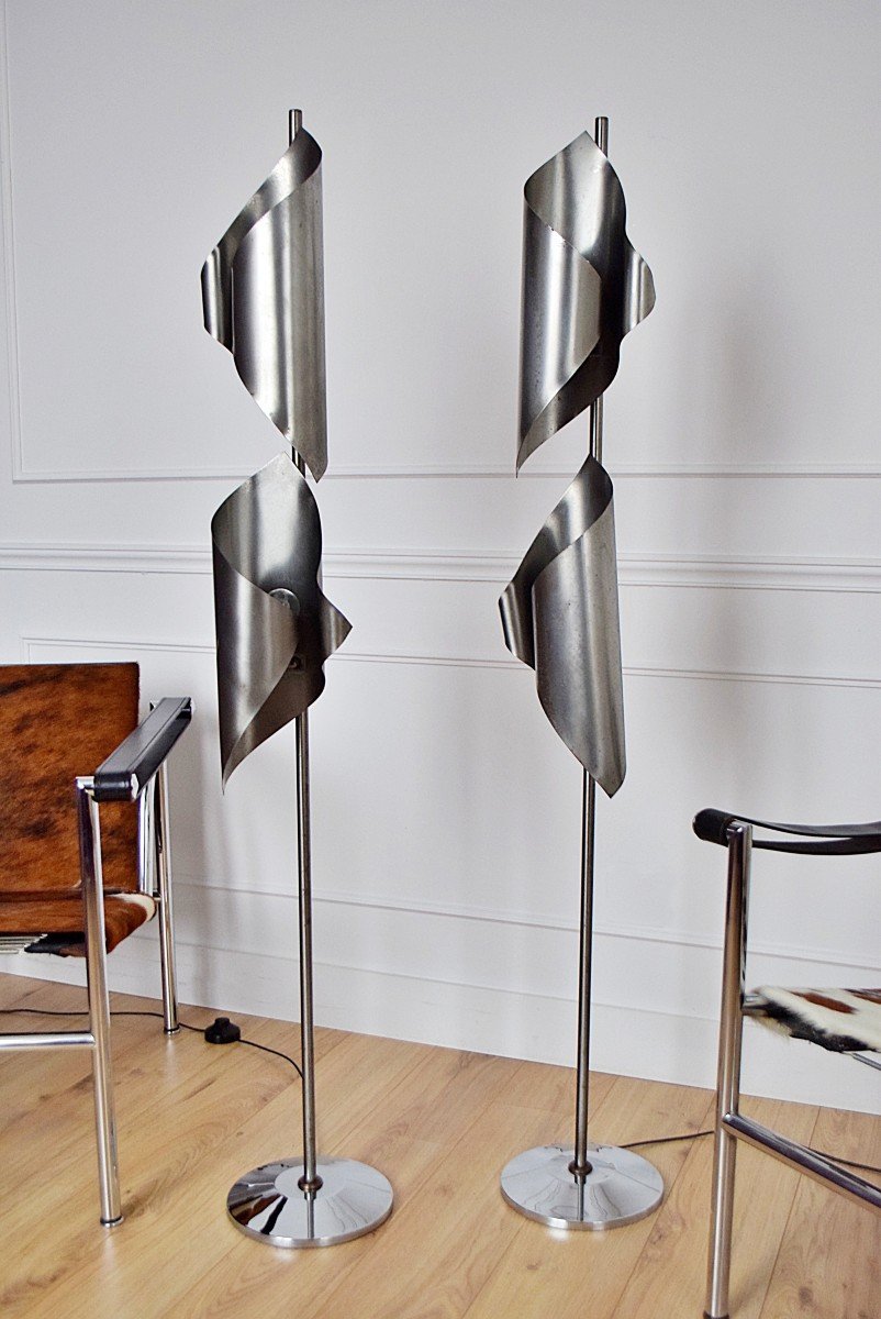 Pair Of 70s Vintage Chrome Steel Floor Lamps-photo-3