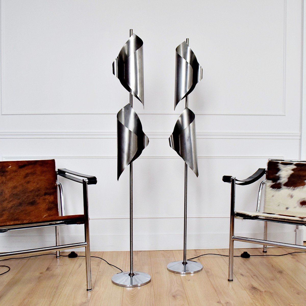 Pair Of 70s Vintage Chrome Steel Floor Lamps