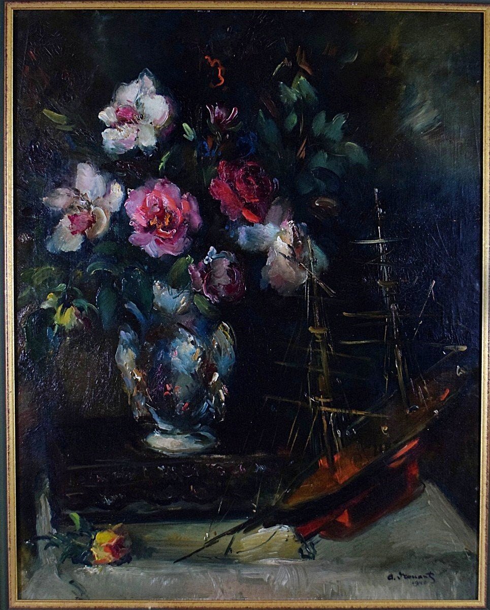 Bouquet Of Flowers With A Model Boat By Armand Drouant 1940-photo-3