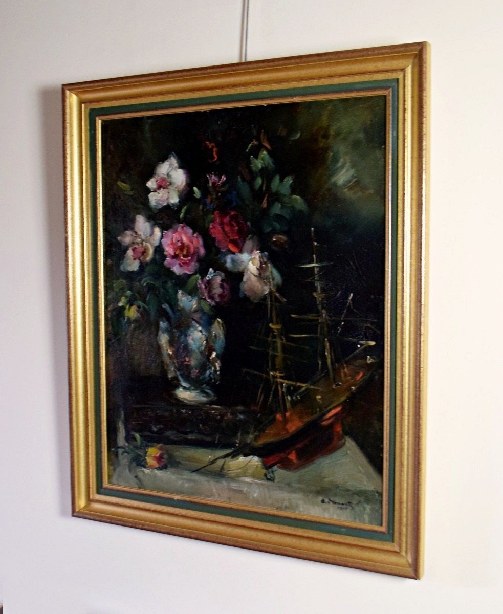 Bouquet de fleurs à la maquette de bateau par Armand Drouant 1940-photo-7