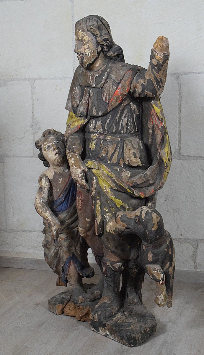 Saint-roch Large 17th Century Polychrome Carved Wooden Statue-photo-4