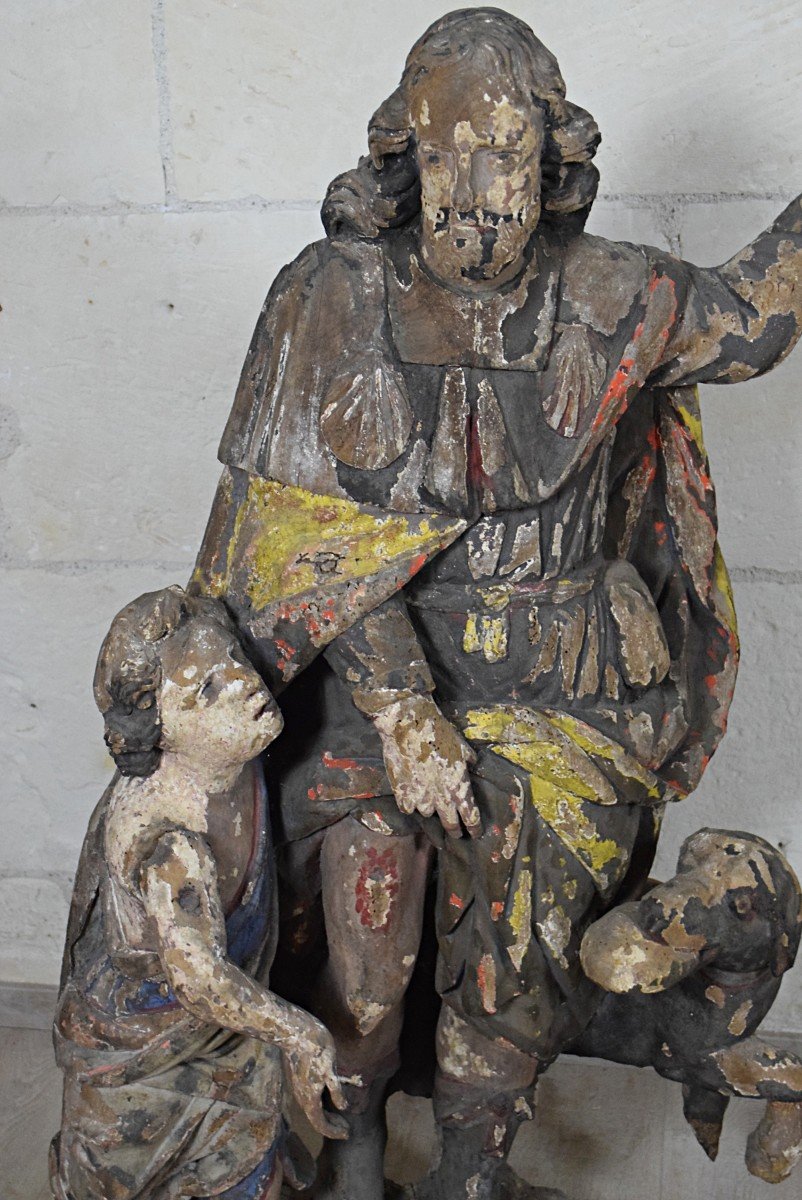 Saint-roch Large 17th Century Polychrome Carved Wooden Statue-photo-2