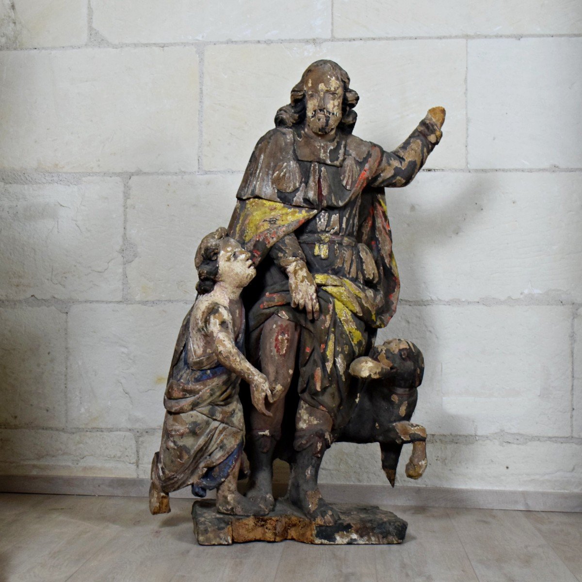 Saint-roch Large 17th Century Polychrome Carved Wooden Statue