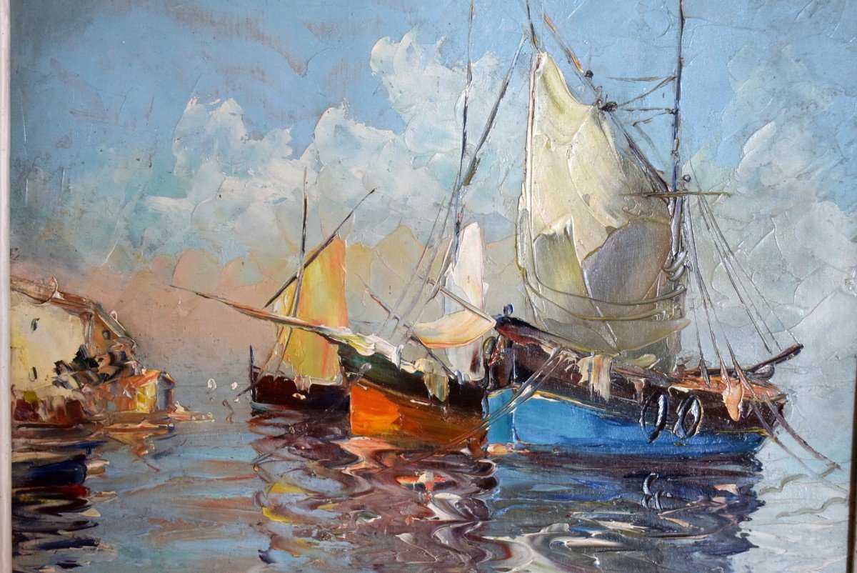 Boats At The Marine Port Signed G. Machavoine Early 20th Century-photo-4