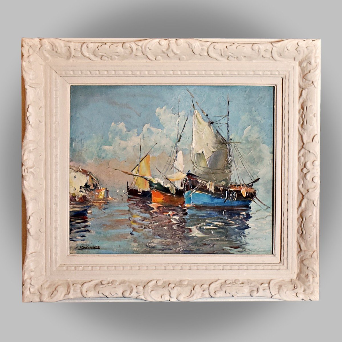 Boats At The Marine Port Signed G. Machavoine Early 20th Century