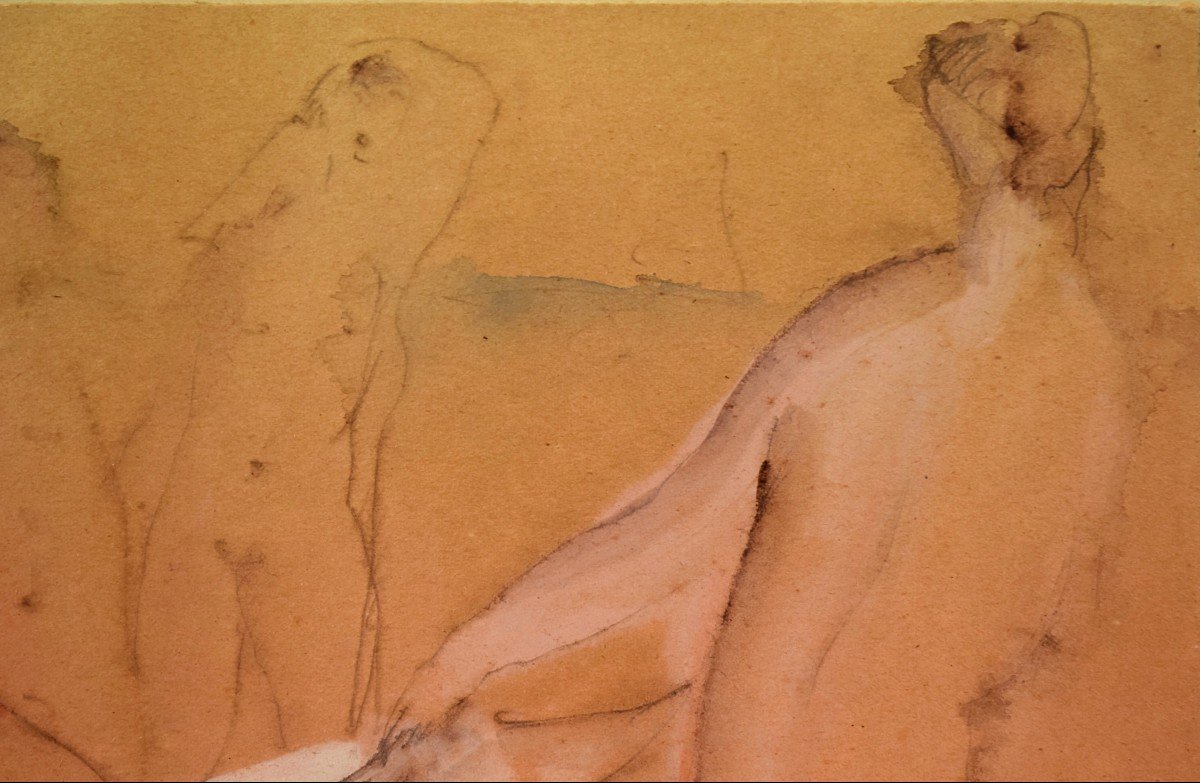 Les Baigneuses Dessin aquarelle Art Déco par P. Ernest Kohe-photo-2