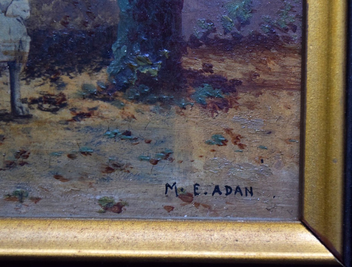 Paire de peintures miniatures signées M.E. Adan XIXème Scènes de genre-photo-5
