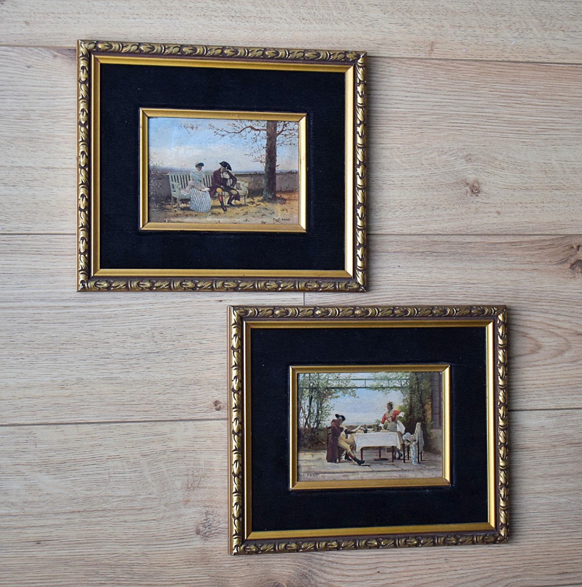 Paire de peintures miniatures signées M.E. Adan XIXème Scènes de genre-photo-6