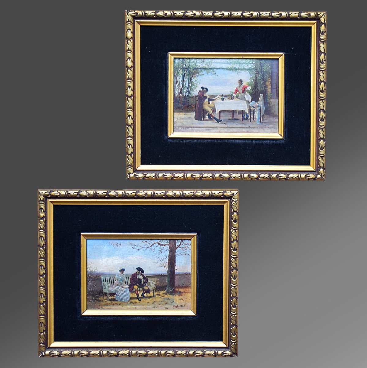 Paire de peintures miniatures signées M.E. Adan XIXème Scènes de genre