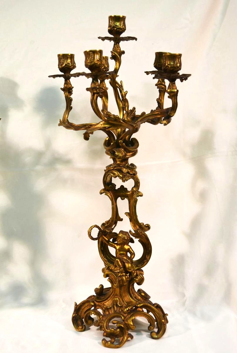 Great Pair Of Candlesticks Louis XV Style Gilt Bronze Candelabra XIX-photo-2