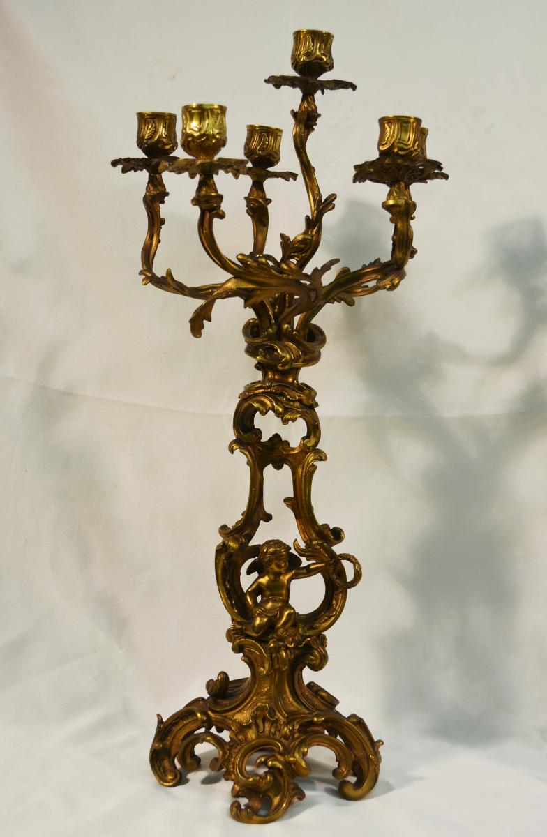 Great Pair Of Candlesticks Louis XV Style Gilt Bronze Candelabra XIX-photo-1